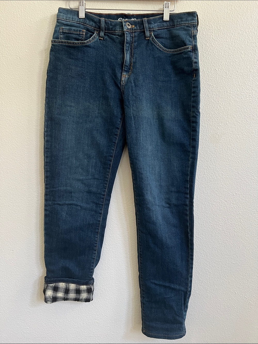 EDDIE BAUER Plaid Flannel Lined Boyfriend Jeans Mid-Rise Tapered Blue Women's 6